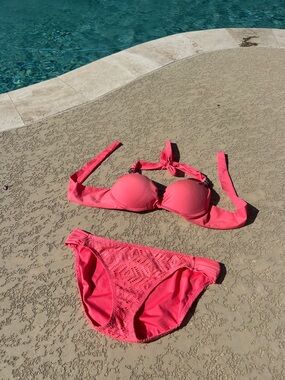 BECCA Coral Pink Halter Bikini Set with Crochet Briefs